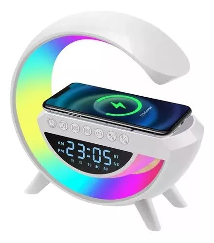 LAMPARA RGB ALTAVOZ, RELOJ Y CARGADOR INALAMBRICO